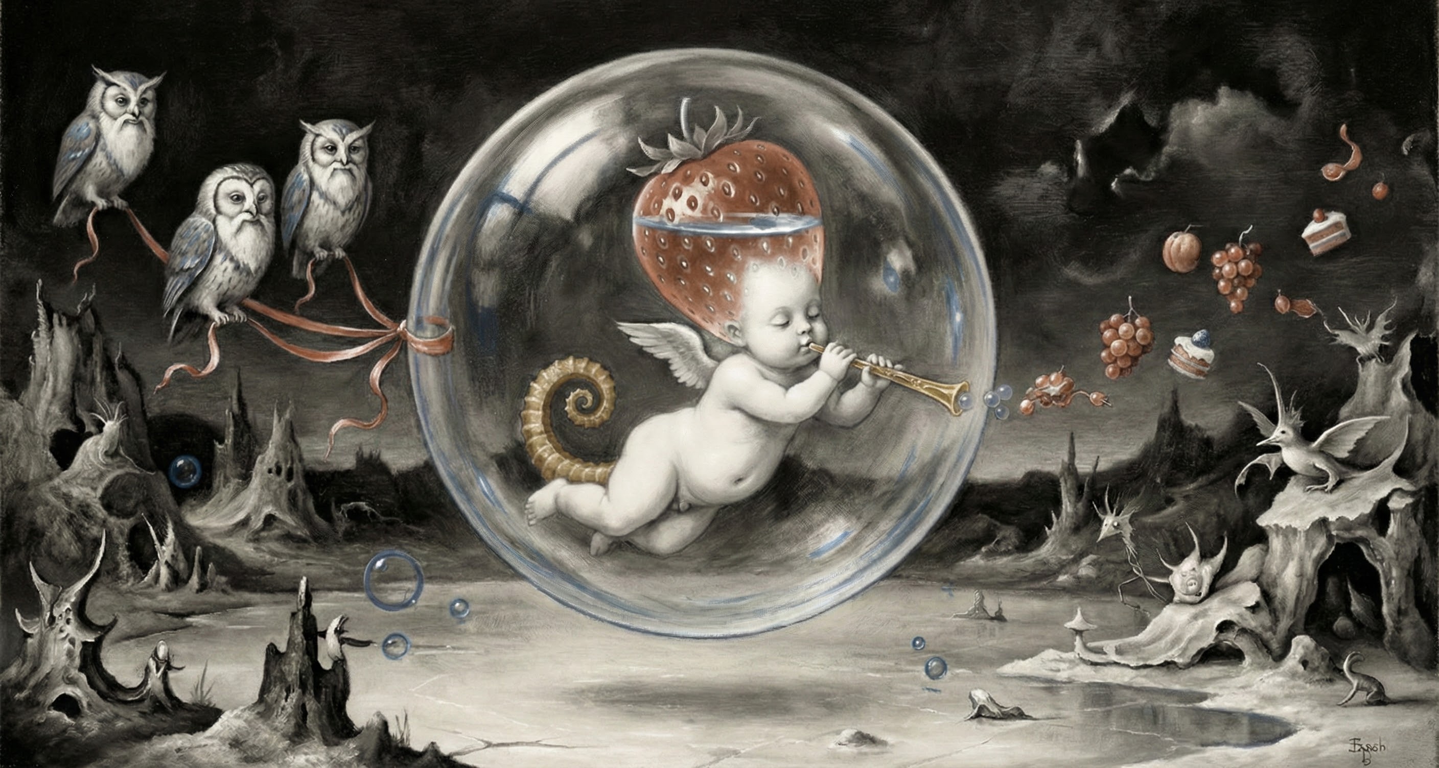 A cherub with a strawberry head floating in a bubble, playing a golden flute, surrounded by owls and a surreal landscape